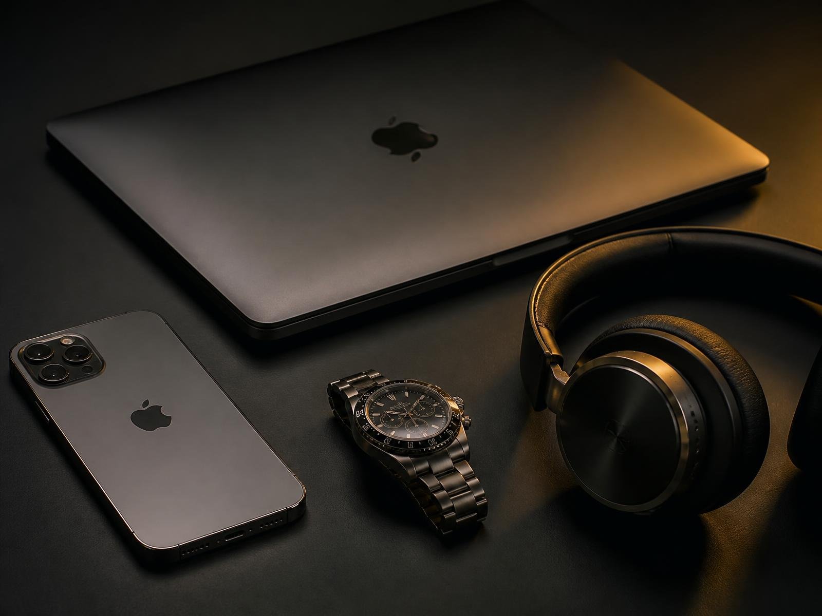 Notebook, smartphone, relógio e fone de ouvido premium sobre superfície escura com iluminação dourada